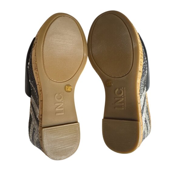 INC Black Leather Cork Wedge Sandals W/Rhinestone Embellished Heel 6.5 - Picture 8 of 10